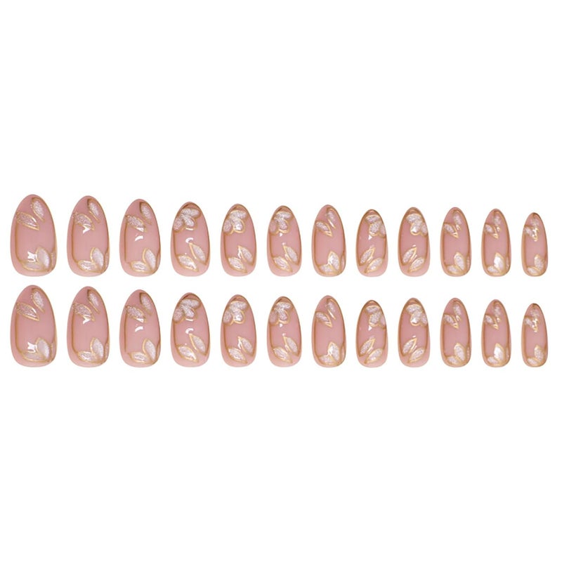ASABITE 24 Pcs Nude Press on Nails Medium Almond Fake Nails with Glue Artificial Acrylic Nails Press ons with Golden Glitter Leaf Design Full Cover Reusable Stick on Nail for Women Girls Daily Wear - Image 5